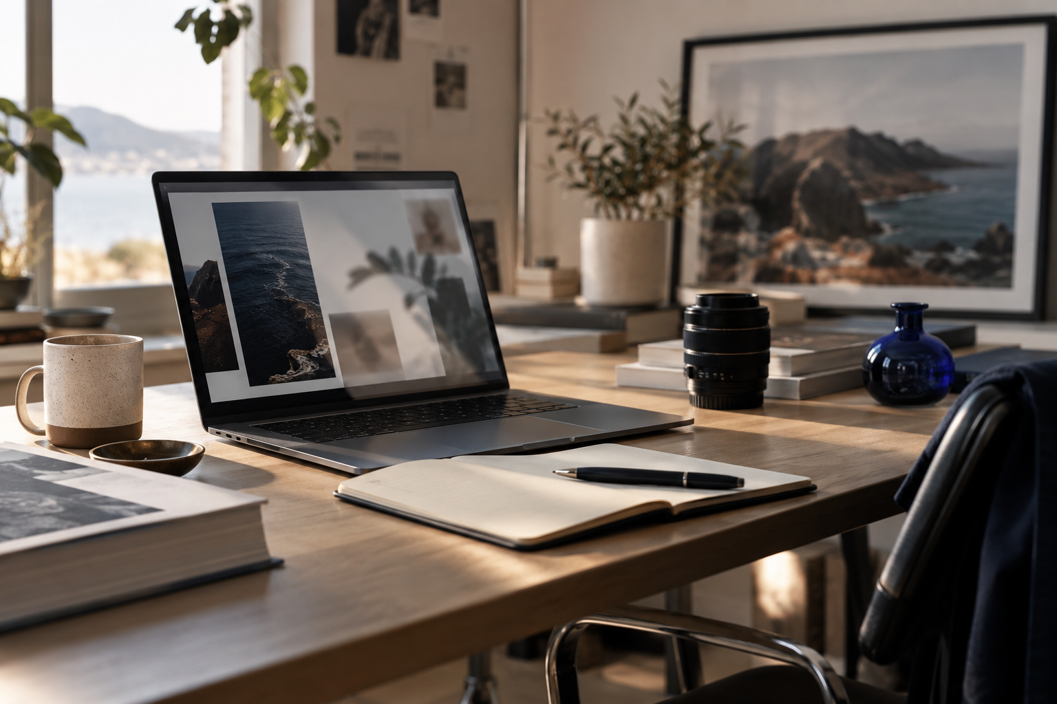 Sunlit creative studio with a laptop, notebook and camera lens