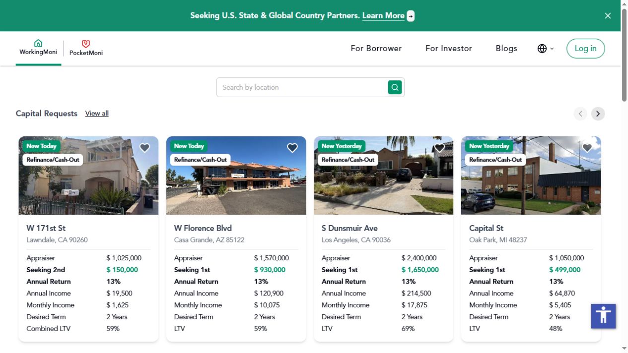 WorkingMoni public website showing capital request listings and borrower and investor navigation