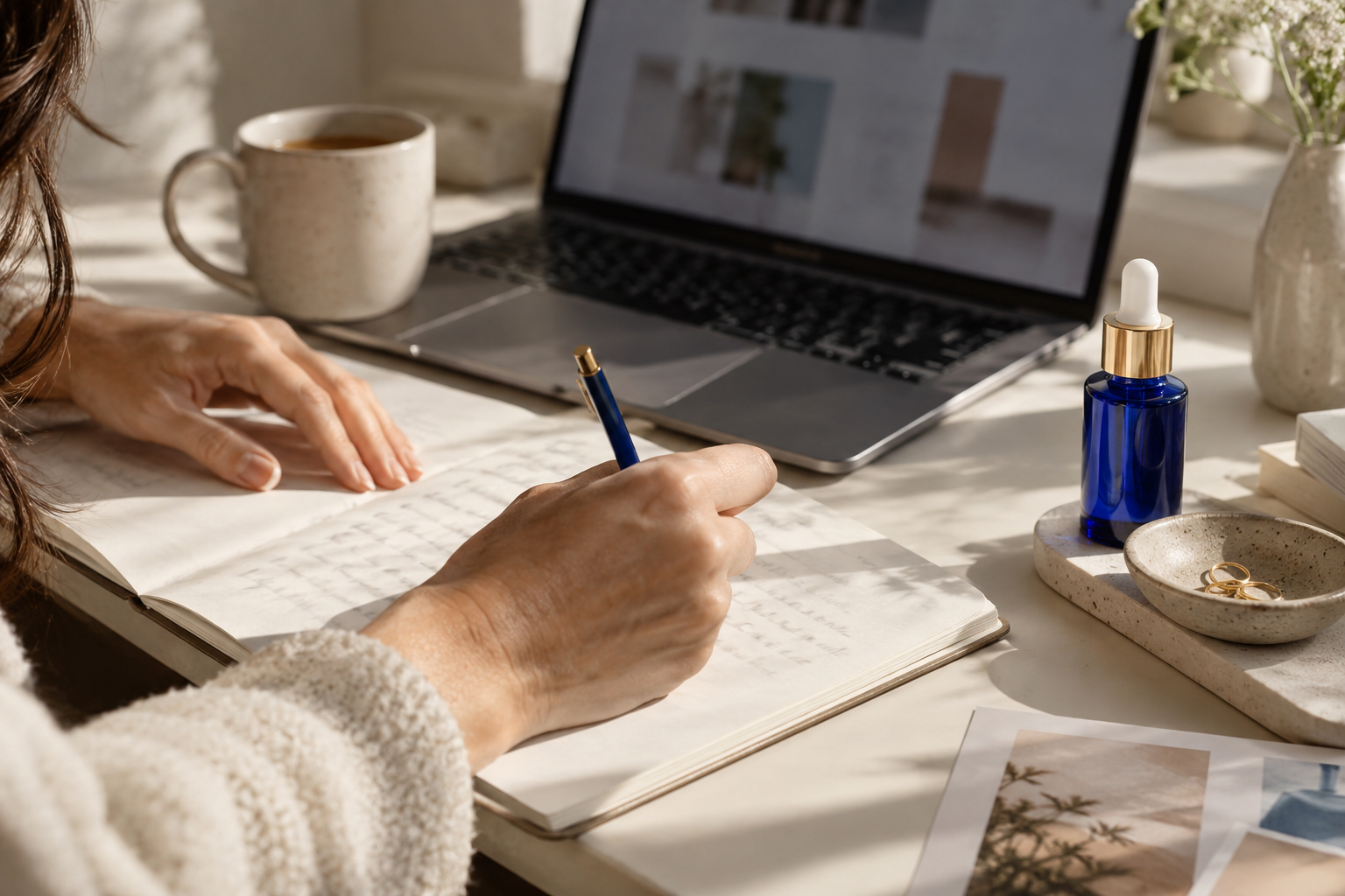 Writing product content beside a notebook and laptop